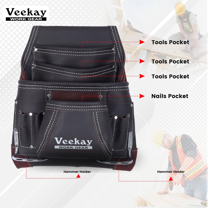 VEEKAY 10-Pocket Resin Finish Leather Tool Pouch with Carpenter's Nail