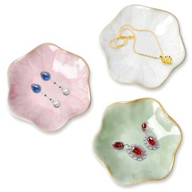 MOPLA Ceramic Jewellery Bowl, Pack of 3, Small Ceramic Ring Bowl, Lotus Flower Jewellery Tray, Pink, White, Green Decorative Jewellery Bowl, Flower Shape Jewellery Plate for Home Decor Jewellery