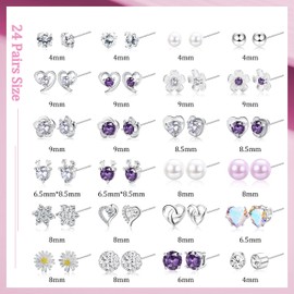 KRFY Stud Earrings for Women Girls 925 Sterling Silver Plated Pearl Crystal Round Heart CZ Flower Stud Earrings Hypoallergenic Cubic Zirconia Diamond Stud Earrings Set 24 Pairs