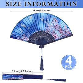 Aneco 4 Pieces Folding Fans Bamboo Handheld Fans Silk Fabric Fans Hand Holding Fans For Party, Wedding, Gifts, Wall Decoration (Color E)