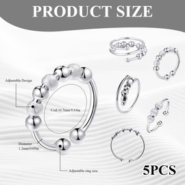 Pack of 5 Anxiety Ring, Fidget Ring, Silver, Anti-Stress Ring, Adjustable Stress Ring, Rotating Beads, Decompression Ring Suitable for Fingers of Different Sizes (5 Styles)