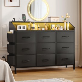 Black Dresser for Bedroom 9 Drawers - Fabric Dresser Chest of Drawers for Living Room Hallway Closet (Black PU)