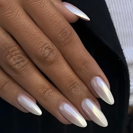 Champagne Chrome Press on Nails Medium Almond, MABKJLF Mirror Metal Stiletto Fake Nails Acrylic Nails with Bling Design, Fall Winter Glue on Nails for Daily Party Wear, False Nails Press ons in24 PCS