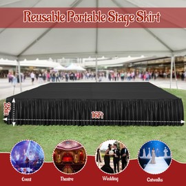 Black Stage Skirt Portable Wrinkle-Free Platform Skirting 16’ X 28” Satin Stage Skirting for Events, Wedding, Ceremony