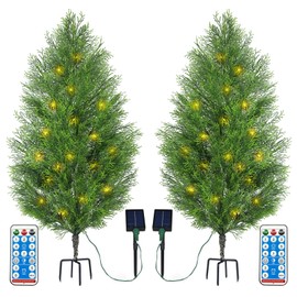 Artificial Cypress Topiary Tree Outdoor Solar Powered Pre-Lit Fake Topiary Bushes with 8 Modes Led Lights UV Resistant Flower Pots for Front Yard Porch Faux Tree Decorations with Ground Spikes, 2pcs