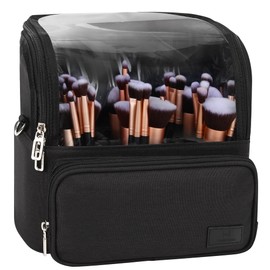 Makeup Brush Case Stand-up Makeup Cup Makeup Brush Holder Travel Professional Cosmetic Bag Artist Storage Bag Extra Large Makeup Bag with Adjustable Divide (01A-Black（X Large）)