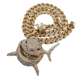 BLINGFACTORY Hip Hop Gold Plated Iced Large Shark Pendant & 16" ~ 24" Iced Cuban Chain Bling Necklace (Pendant & 16" Chain)