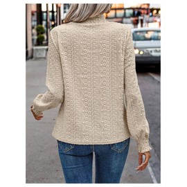 WDIRARA Women's Lace Eyelet Blouse Frill Mock Neck Vintage Top Lantern Long Sleeve Elegant Tops Apricot Medium