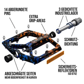 SHREDR. Shine Pedals for MTB, High-Quality Flat Pedals for Mountain Bike, with Reflectors (StVZO Compliant), Special Edition, Each Pedal is Unique (Orange/Blue, XL)