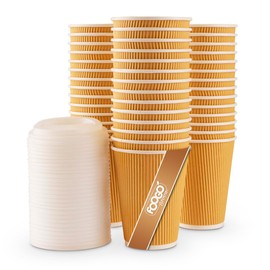 FOOGO Green 25x 12oz Disposable Paper Coffee Cups with Lids, FSC® Certified, Fully Compostable, Strong Triple-Wall Brown Paper Cups with Secure Lids, for Hot Drinks, Takeaway Coffee Cups, Party Cups
