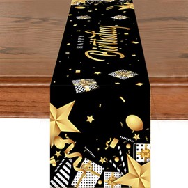 GROVBLE Birthday Table Runner, Happy Birthday Table Runner, Black Gold Birthday Decoration, Table Decoration Tablecloth Birthday for Boys Men Birthday Decoration 180 x 35 cm