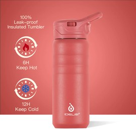IDEUS Vacuum Insulated Water Bottle, Stainless Steel Double Wall Flask Metal Sports Canteen with Leak-Proof Screw Cap (Red, 24oz (710ml))