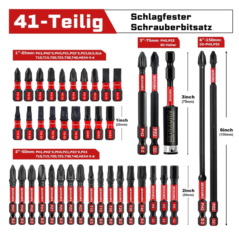 Geinxurn 41-Piece Impact Resistant Screwdriver Bit Set (PH, TX, PZ,