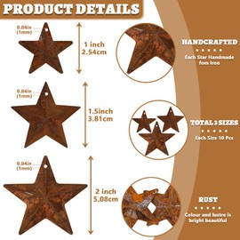 30PCS Metal Rusty Barn Star, 1/1.5/2 Inch Antique Primitives Star for DIY Craft, Mini Hanging Star for Vintage Farmhouse Home Wall Decor Festival Party (3 Sizes)