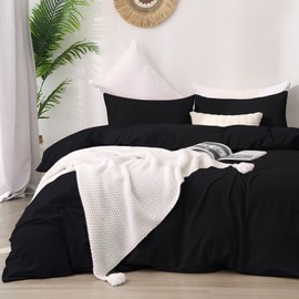 ATsense Duvet Cover Queen Size, 100% Washed Cotton, Linen Feel, Black Comforter Cover, 3 Pieces Bedding Set, Soft and Breathable, Premium Luxury Hotel Style, Farmhouse Style