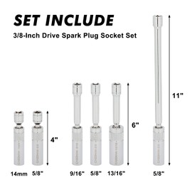 CASOMAN 6PCS 3/8-Inch Drive Magnetic Swivel Spark Plug Socket Set, Include 9/16-Inch, 5/8-Inch, 13/16-Inch, 14mm Socket, Length: 4-Inch, 6-Inch, 11-Inch, 12-Point, CR-V