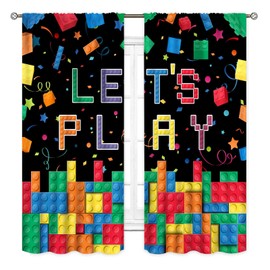 Kids Boys Curtains for Bedroom, Colorful Building Blocks Toys Plastic Brick Toy Pattern Abstract Contour Printed Blackout Drapes for Boys Room Living Room Nursery Party Decor 2 Panels, 63"x63" Inch