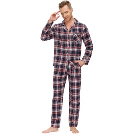 MoFiz Men's 100% Cotton Pajamas Set Long Sleeve Button Pijamas for Men Soft Cozy Sleepwear Pants Lounge Pjs Sets Size XL Plaid 57