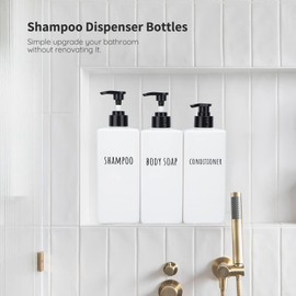 Segbeauty Soap Dispenser, White, 500 ml, Set of 3 Plastic Pump Bottles for Filling with Waterproof Labels, Empty Dispenser for Shampoo, Conditioner, Body Soap, Minimalist Design Travel Bottles Set