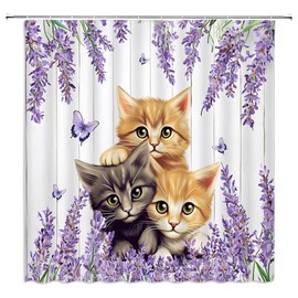 Rustic Cat Shower Curtain Purple Lavender Spring Farmhouse Animal Vintage Floral Butterfly Cute Kitty Pet Flowers Kitten Lover Wooden Plank Bathroom Curtain Set Polyester Fabric Hook 70 X 70 Inch