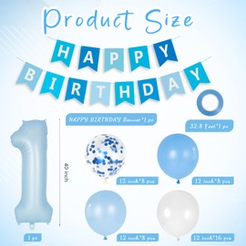 Baby 1st Birthday Decoration, Happy Birthday Banner with 40 Inch Foil Number 1 Balloons, Blue White Confetti Latex Balloons for Baby Girl Boy 1 Year Old Birthday Party Supplies (Blue)