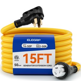 ELEGRP 50 Amp Generator RV Extension Cord 15 FT, 4 Prong NEMA 14-50P to NEMA SS2-50R Twist Lock, Heavy Duty 6/3+8/1 Gauge STW Locking Power Cord for RV Camper and Generator to House, ETL Listed
