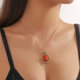 Cimenexe Bohemian Teardrop Coral Choker Necklace Gold Coral Stone Pendant Necklace Red Turquoise Chain Necklace Ethnic Natural Gemstone Necklace Jewelry for Women and Girls Gifts