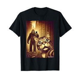 Totally Weird Tees Cat Sasquatch Selfie Funny Woods Bigfoot Art Unisex-Adults T-Shirt Black Small