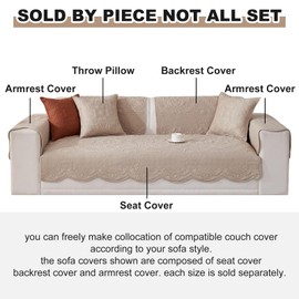 vctops Boho Cotton Quilted Couch Cover Soft Embroidered Sofa Cover Non-Slip Dog Bed Cover Scalloped Sofa Slipcover Washable Furniture Protector Cover (Khaki,28"x28")