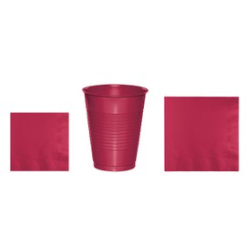 Baxters Party Bundles Bulk, Burgundy, 40 Count 16 Ounce Plastic Cups, 50 Count Beverage Cocktail Paper Napkins, 50 Count Luncheon Paper Napkins, Pack Contains 140 Pieces Made in the USA