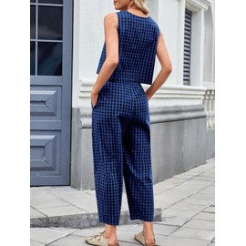 Rantar Womens Cotton Checker Set 2 Piece Beach Vacation Outfit Summer Tank Top Pants Suit