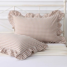Silnuo Taupe/White Plaid Pillow Covers King Size Set of 2, Washed Cotton Shabby Checkered Pillowcases Gingham Bed Pillow Shams 20"x36"