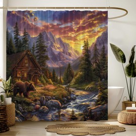 Rustic Shower Curtain Cabin Bear Foggy Mountain Pine Tree Forest Lodge Sunset Nature Landscape Fabric Bathroom Decor Sets with Hooks