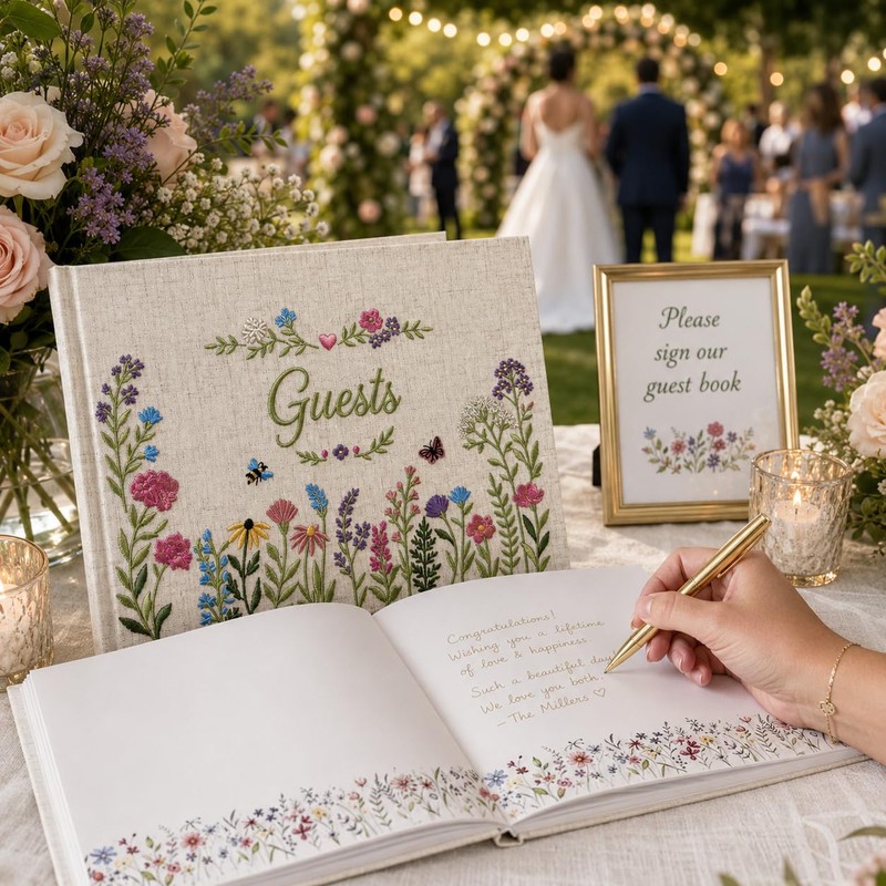 Embroidered Linen Wedding Guest Book, 160 Pages, Rustic Floral