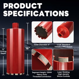 DaduoRi Premium 6" Wet Core Drill Bit for Hard Concrete with High-Density Diamond, Precision-Welded Segments, 1-1/4"-7 UNC x 14" Depth, Industrial Grade for Concrete Rebar, Brick, Masonry, Asphalt