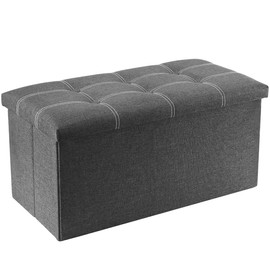 YOUDENOVA 30 inches Folding Storage Ottoman, 80L Ottoman Bench Footrest Stool, Linen Fabric Grey Storage Chest Padded Seat for Bedroom and Living Room, Support 350lbs