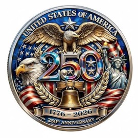 2026 US America 250th Anniversary Challenge Coin 1776-2026 American Eagle Liberty Bell Commemorative Medallion Veterans Military Gift Patriotic Semi-Precious Metal Collectible with Enamel Color