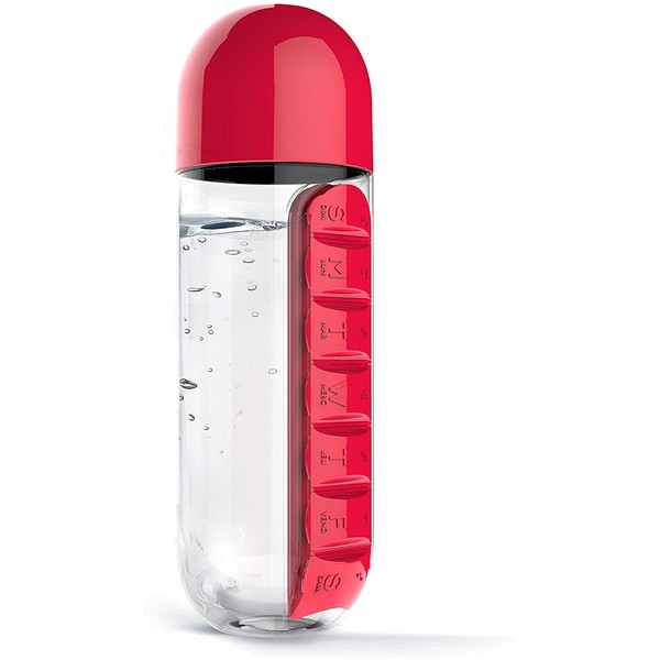 Asobu Combine Daily Pill Box Organizer with Water Bottle, 20 oz, Black (Red)
