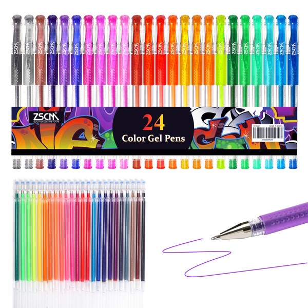 ZSCM QUALITY DECIDES THE FUTURE Glitter Gel Pens ZSCM 48 Pack Colored Gel Pens Set Include 24 Colors Gel Marker Pen, 24 Refills, Glitter Pens with 40% More Ink, Writing instruments for Coloring