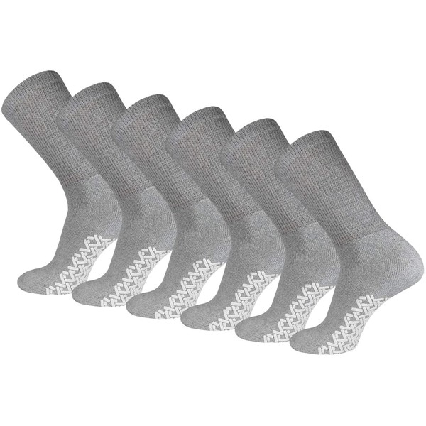 6 Pairs of Non-Skid Diabetic Crew Socks, Non Binding Top Therapeutic Cotton Gripper Socks (Grey, Size: 10-13)