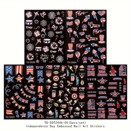 4th of July Nail Art Stickers 5 Sheets 5D Self-Adhesive Independence Day Nail Decals Decorations with Flag Designs Red Blue Acrylic Nail Supplies for Women and Girls DIY Nail Accessories