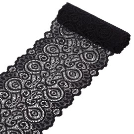 NBEADS 6 Yards Stretch Sewing Lace Trim Fabric, 19cm Wide Elastic Lace Ribbon Black Lace Trim Floral Ribbon for Bridal Wedding Decorations, DIY Craft Sewing, Home Decoration