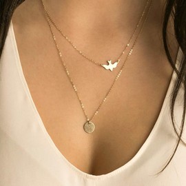 Inilbran Boho Peace Dove Necklace Choker Layered Dove Bird Necklace Vintage Disc Coin Pendant Necklace Gold Love Peace Necklace Chain Jewelry for Women and Girls