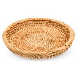 Handwoven Round Rattan Fruit Basket 7.48" Small Key Basket Bowl for Entryway Natural Rattan Round Serving Basket Tray Rattan Organizer Basket Snacks Fruit Candy Serving Basket with Deep Wall