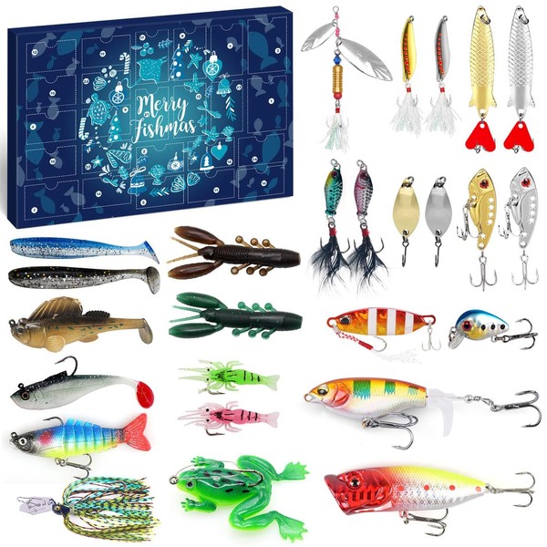 MOVINPE Fishing Advent Calendar for Adult Men Teen Boys, 2023 Fishing Lure Christmas Gifts, 24 Days Topwater Lures Fishing Spoons Minnow Popper Crankbait VIB for Fishing Lovers Father Boyfriend Brother