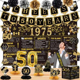50th Birthday Decorations for Men Women,24PCS 1975 Birthday Decorations,Including 1975 Banner,6 Honeycomb Topper,Balloons,Anniversary Card,Cheers to 50 Years Banner,7 Hanging Swirl,6 Paper Poms,Sash