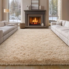plumlik 9x12 Large Area Rugs for Living Room, Beige Fluffy Shag Rug for Bedroom and Nursery, Soft and Comfy, Big Neutral Carpet for Kids, Girls, Boys Room Dorm Home Decor Aesthetic, Upgrade Non Slip
