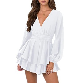 Petite Short Wrap Dress for Women V Neck Tie Waist Ruffle Elegant Mini Fairy Dress Dress with Lantern Sleeve Fashion Fall White M