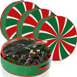 Yoojahow 4 Pack Red Green Christmas Wreath Storage Bags Round Lollipop Christmas Tree Storage Container with Clear Window, Dual Zipper and Handles Xmas Artificial Wreath Box for Home(24 Inch)
