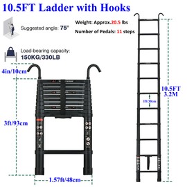 Aluminum Telescoping Ladder 10.5 FT, Collapsible Extension Ladder with 2 Detachable Roof Hooks, Portable Telescopic RV Ladder, Compact Multi-Purpose Ladder for Home Or Outdoor Work, Max 330Lb Capacity